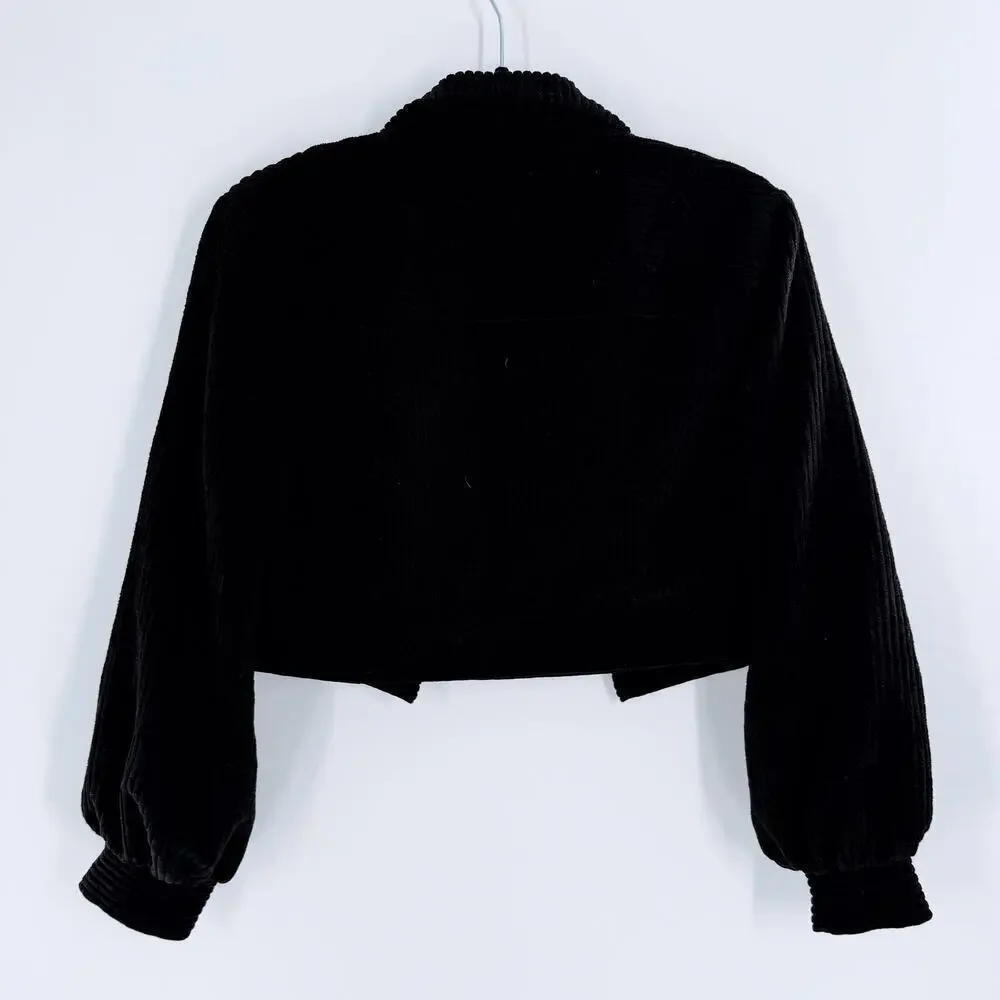 Women’s Cropped Black Corduroy Snap Button Jacket Structured Fit Size Small